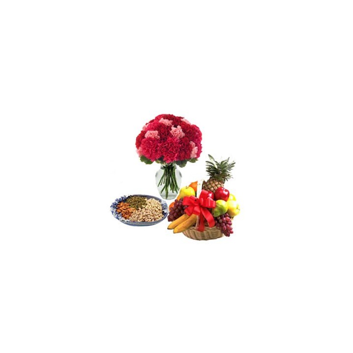 24 Red and Pink Carnations in Vase with 500 Gm Mixed Nuts and 2 Kg Fruit Basket