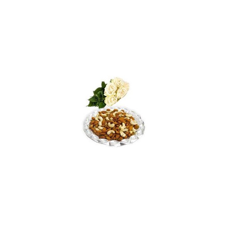 12 White Roses Bouquet with 1 Kg Mixed Nuts