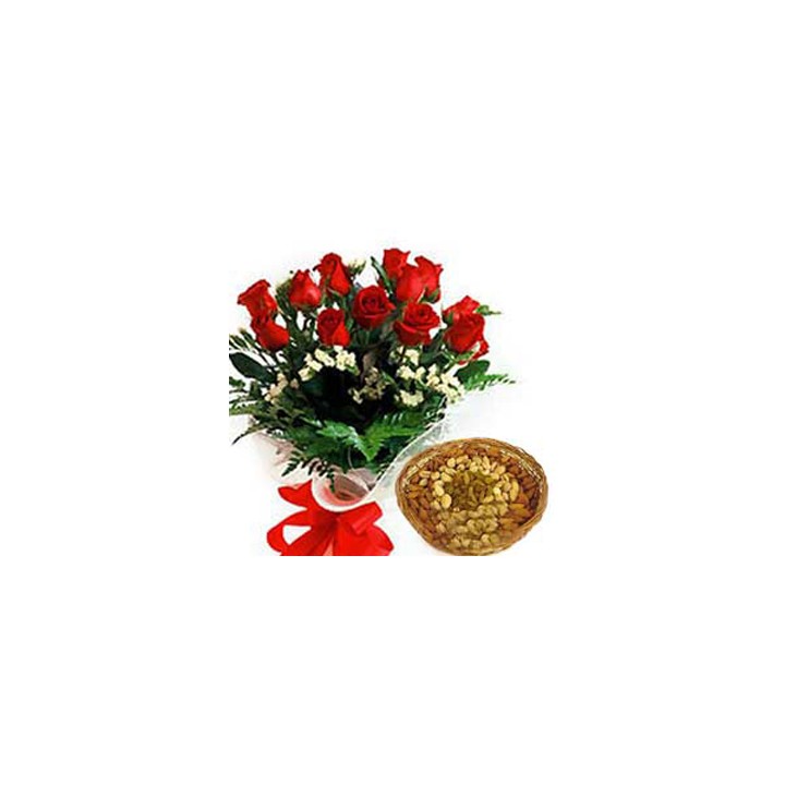 Dozen Red Roses with Half Kg Mixed Nuts