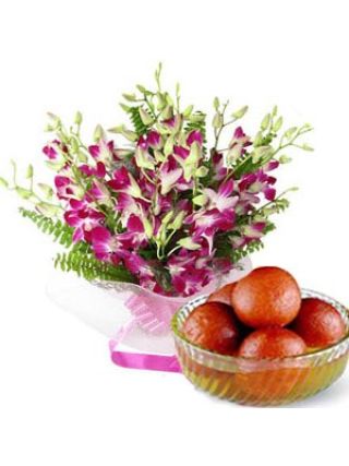 10 Orchidées tiges avec 1 kg de Gulab Jamun - Fleurs Fraîches Dubaï