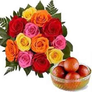 12 MIX MAZZO DI ROSE CON GULAB JAMUN 1 KG  - Fiori Freschi Dubai