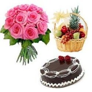 15 Pink Roses Bouquet Kasama ang 1 Kg Prutas na Basket at 1 Kg Chocolate Cake - Sariwang Bulaklak Dubai