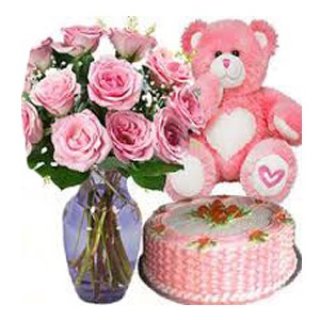 15 rosas en un florero con frutas, 1 kg de torta y 6 pulgadas de peluche - Flores Frescas Dubái