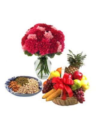 24 Anyelir Merah Pink Dalam Vas dengan 500 Gr Kacang Kering Campur & 2 Kg Keranjang Buah - Bunga Segar Dubai