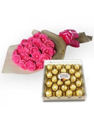 24 گل رز صورتی با 24 عدد Ferrero Rocher - گل تازه دبی