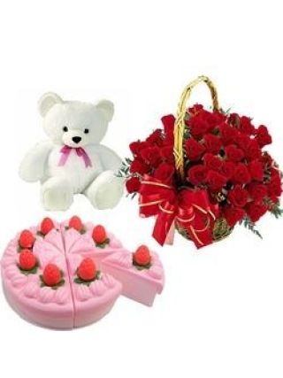 Sampung Pirasong Rosas na Babae na May Basket Arrangement, Kasama ang 500 g Strawberry Cake at Cute Teddy Bear - Sariwang Bulaklak Dubai