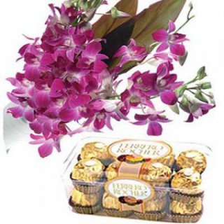 Anggrek dengan Cokelat Ferrero Rocher (12 Bunga dan 16 Potong Cokelat) - Bunga Segar Dubai