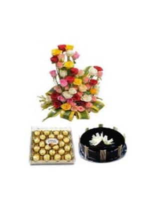 MIX ROSES BASKET 50 FLORAS NA MAY 24 Piraso NG FERRERO ROCHER CHOCOLATE AT 500GNG CHOCOLATE CAKE - Sariwang Bulaklak Dubai