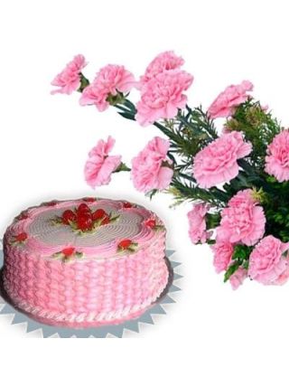 Bouquet de 15 roses roses avec 500 grammes de crème fraîche gâteau aux fraises - Fleurs Fraîches Dubaï