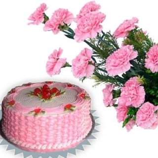 Bó 15 bông hoa hồng màu hồng cùng với bánh kem dâu tươi 500g - Hoa Tươi Dubai