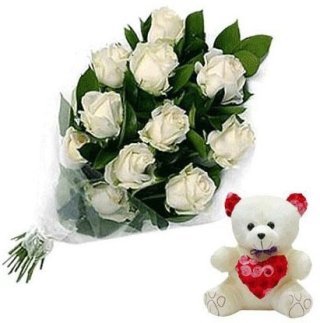 Bó Hoa Hồng Trắng 18 Cành Kèm Gấu Bao 6 Inch - Hoa Tươi Dubai