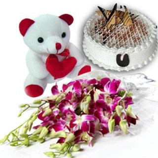 Kahon ng 6 na Uhay ng Kamanghang Purple/Blue na Orchids kasama ang 500g Black Forest Cake at 6 pulgadang Cute Teddy Bear - Sariwang Bulaklak Dubai