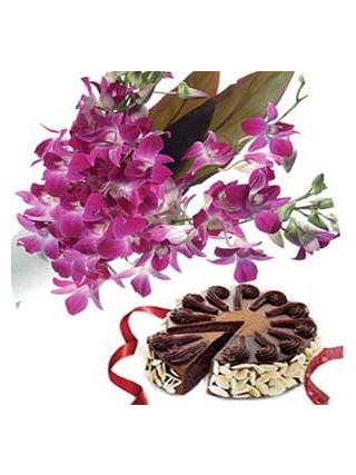 One Dozen Purple Orchids & 1 Kg Chocolate Cake - Fresh Flowers Dubai