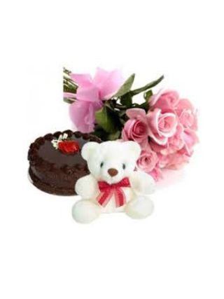Ramo De 12 Rosas Con 1 Kg De Chocolate Y Трюфельный Pastel Y 9 Pulgadas De Peluche - Flores Frescas Dubái