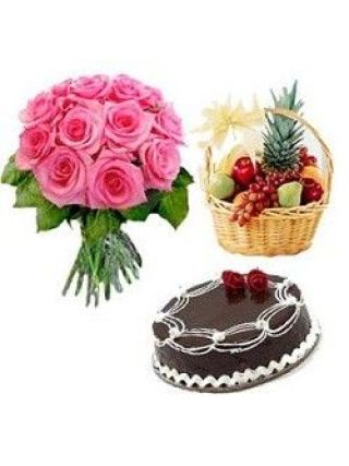 15 Rosa Ramo De 1 Kg De La Cesta De Fruta Y 1 Kg De Pastel De Chocolate - Flores Frescas Dubái