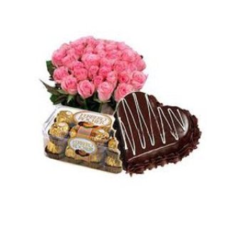 Un Ramo De 24 Rosas Con Ferrero Rocher De 24 Piezas Y 1 Kg De Torta Del Corazón - Flores Frescas Dubái