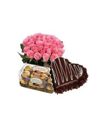 یک دسته گل از 24 گل رز با Ferrero Rocher 24 قطعه و 1 کیلوگرم کیک قلب - گل تازه دبی