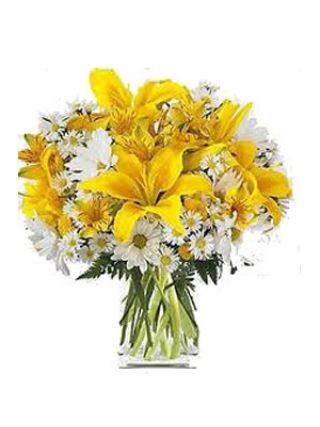 زرد گل نیلوفر و سفید Gerberas در یک گلدان 20 ساقه - گل تازه دبی
