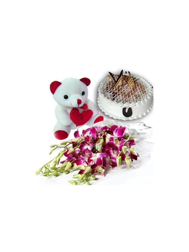 Botte de 6 Tiges d'Orchidées Violettes/Bleues avec Gâteau Forêt-Noire, 500 g, et Adorable Peluche de 6 Pouces
