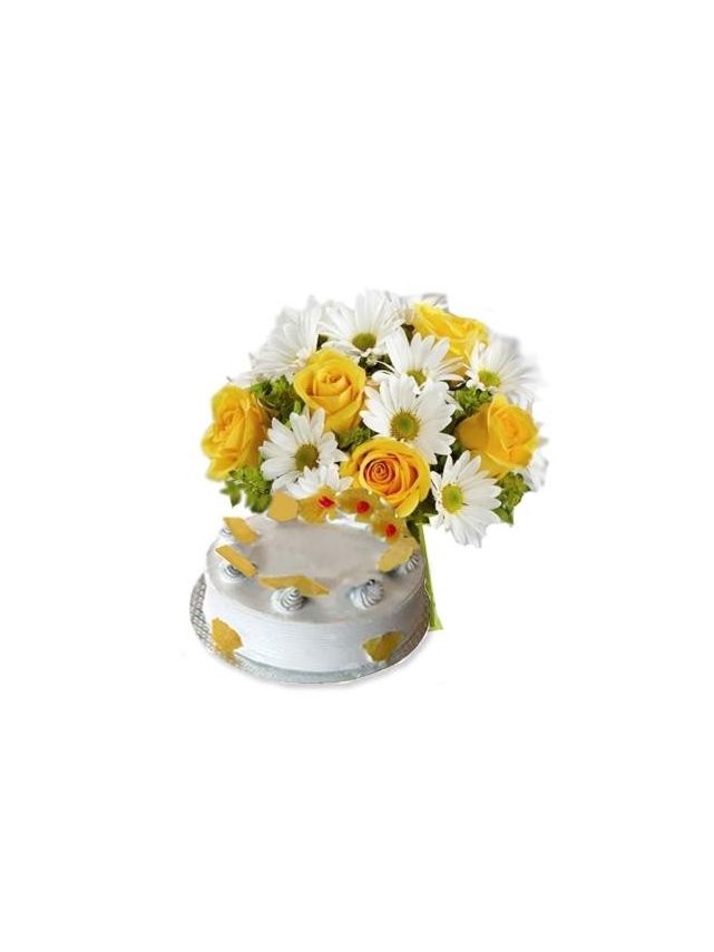 Bouquet di fiori bianchi e gialli fiori di stagione con 500 grammi di ananas torta