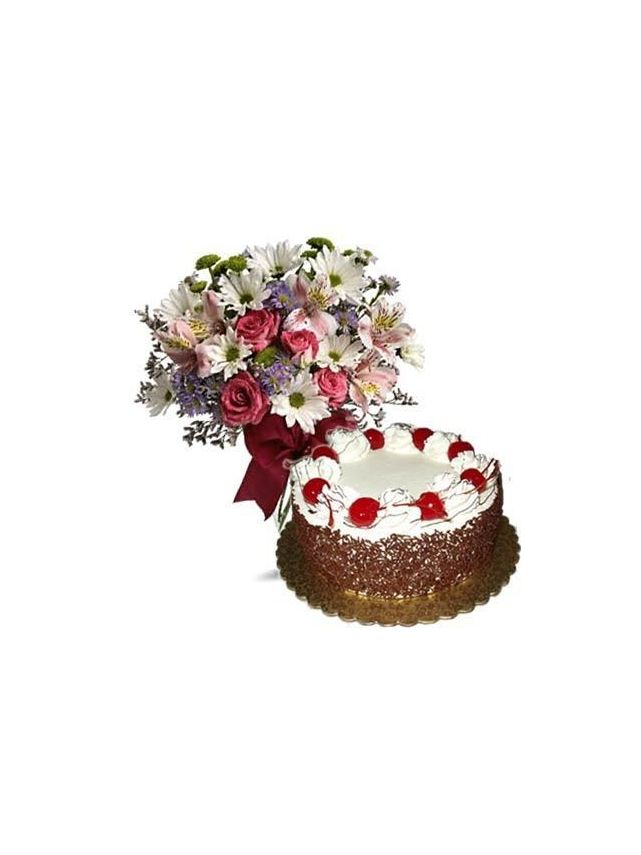 Mazzo di 15 Fiori di Stagione Misti con Torta Foresta Nera, 500 g
