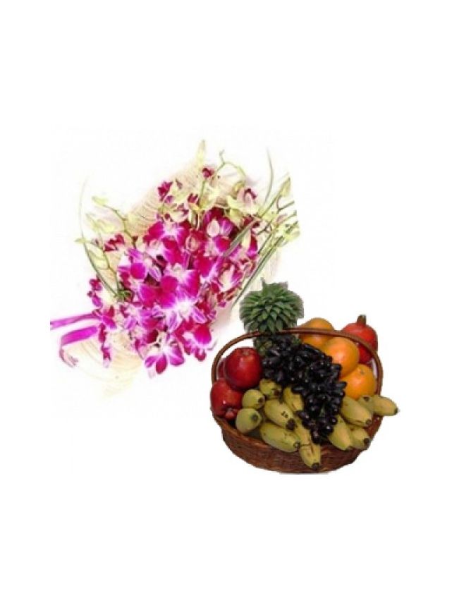 Orchidées Roses, 6 Tiges, avec Panier de Fruits, 2 Kg